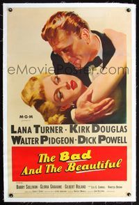 7w059 BAD & THE BEAUTIFUL linen 1sh '53 great c/u art of Kirk Douglas romancing sexy Lana Turner!