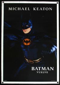 7w060 BATMAN RETURNS linen Spanish/U.S. teaser 1sh '92 full-length close up of Michael Keaton in costume!