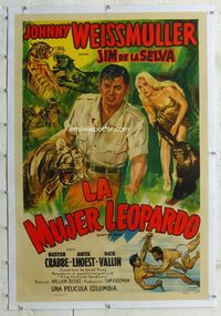 7w079 CAPTIVE GIRL linen Spanish/U.S. 1sh '50 Johnny Weissmuller as Jungle Jim & sexy babe with chimp!