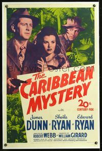 7w081 CARIBBEAN MYSTERY linen 1sh '45 James Dunn, Sheila Ryan & Edward Ryan in the topical jungle!