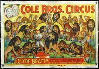 7w007 COLE BROS. CIRCUS linen circus poster '30s stone litho of Clyde Beatty with lions & tigers!