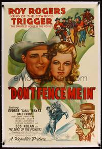 7w096 DON'T FENCE ME IN linen 1sh '45 close up art of Roy Rogers & pretty Dale Evans, Gabby Hayes!