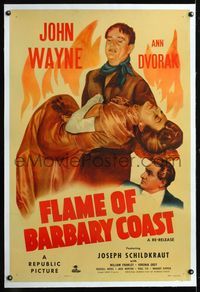 7w112 FLAME OF BARBARY COAST linen 1sh R50 John Wayne carries unconscious Ann Dvorak from fire!