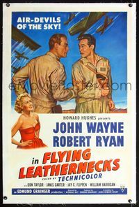 7w113 FLYING LEATHERNECKS linen 1sh '51 art of air-devils John Wayne & Robert Ryan, Howard Hughes