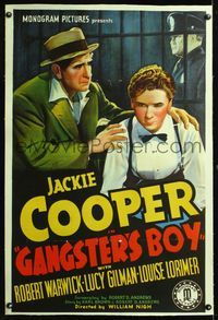 7w118 GANGSTER'S BOY linen 1sh '38 stone litho of Jackie Cooper & Robert Warwick behind bars!