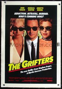7w127 GRIFTERS linen 1sh '90 John Cusack, Annette Bening & Anjelica Huston all wearing sunglasses!