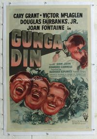 7w128 GUNGA DIN linen 1sh R47 headshot art of Cary Grant, Douglas Fairbanks Jr. & Victor McLaglen!