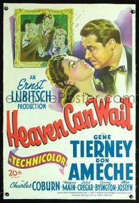7w129 HEAVEN CAN WAIT linen 1sh '43stone litho of Gene Tierney & Ameche, directed by Ernst Lubitsch
