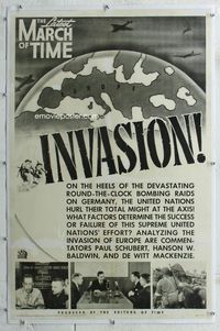 7w139 INVASION linen 1sh '43 WWII, The March of Time, round-the-clock bombings on Germany!