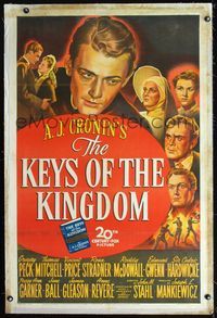 7w145 KEYS OF THE KINGDOM linen 1sh '44 religious Gregory Peck, Vincent Price, Thomas Mitchell