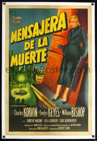 7w147 KILLER THAT STALKED NEW YORK linen Spanish/U.S. 1sh '50 Evelyn Keyes standing on ledge of building!