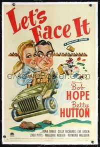 7w156 LET'S FACE IT linen 1sh '43 cool art of Bob Hope & Betty Hutton in jeep, songs by Cole Porter
