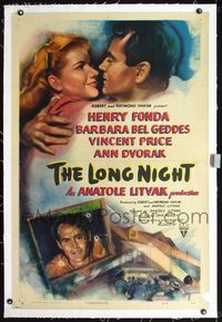 7w158 LONG NIGHT linen style A 1sh '47 cool noir artwork of Henry Fonda & Barbara Bel Geddes!