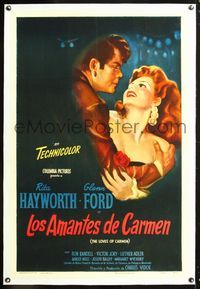 7w163 LOVES OF CARMEN linen Spanish/U.S. 1sh '48 romantic c/u art of sexy Rita Hayworth & Glenn Ford!