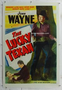 7w164 JOHN WAYNE linen stock 1sh 1940s full-length image of The Duke with gun, The Lucky Texan!