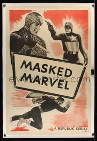 7w171 MASKED MARVEL linen 1sh R40s wonderful art of masked hero, Republic serial!