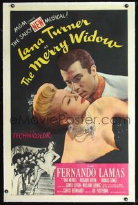 7w174 MERRY WIDOW linen 1sh '52 great romantic close up of sexy Lana Turner & Fernando Lamas!