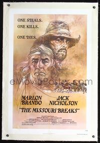 7w175 MISSOURI BREAKS linen 1sh '76 art of Marlon Brando & Jack Nicholson by Bob Peak!
