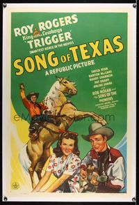 7w221 SONG OF TEXAS linen 1sh '43 art of Roy Rogers riding Trigger & playing guitar for girl!