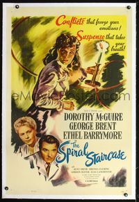 7w222 SPIRAL STAIRCASE linen 1sh R54 cool art of Dorothy McGuire, George Brent & Ethel Barrymore!