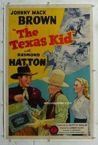 7w240 TEXAS KID linen 1sh '43 stone litho of cowboys Johnny Mack Brown, Raymond Hatton & girl!
