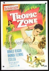 7w250 TROPIC ZONE linen 1sh '53 art of Ronald Reagan romancing Rhonda Fleming + sexy Estelita!