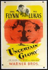 7w253 UNCERTAIN GLORY linen 1sh '44 art of French Errol Flynn face-to-face with Nazi Paul Lukas!