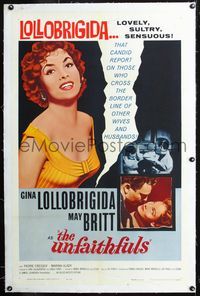 7w255 UNFAITHFULS linen 1sh '60 close up of sexy red-haired Gina Lollobrigida + May Britt!