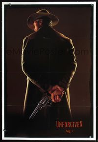7w256 UNFORGIVEN linen teaser 1sh '92 classic image of gunslinger Clint Eastwood w/his back turned!