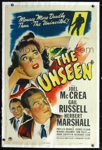 7w258 UNSEEN linen 1sh '44 Joel McCrea, Gail Russell, menace more deadly than The Uninvited!