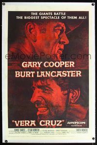 7w260 VERA CRUZ linen 1sh '55 best close up artwork of cowboys Gary Cooper & Burt Lancaster!