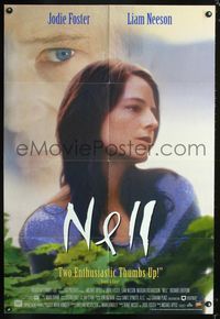 7x460 NELL video 1sh '94 close-up of pretty Jodie Foster, Liam Neeson, Michael Apted directed!