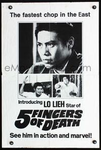 7x059 5 FINGERS OF DEATH special poster '73 close up portrait of martial arts master Lo Lieh!