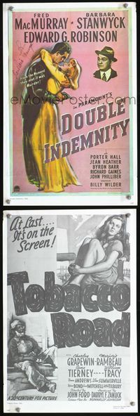7x133 DOUBLE INDEMNITY/TOBACCO ROAD two-sided signed special poster '80s by Barbara Stanwyck!