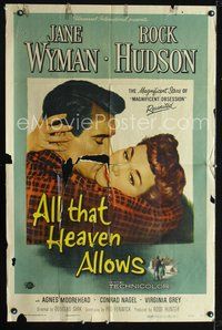 7y027 ALL THAT HEAVEN ALLOWS 1sh '55 close up romantic art of Rock Hudson & Jane Wyman!