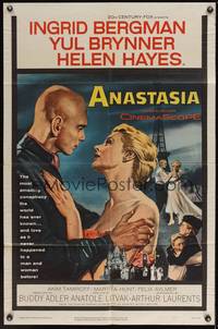 7y039 ANASTASIA 1sh '56 great romantic close up of Ingrid Bergman & Yul Brynner!