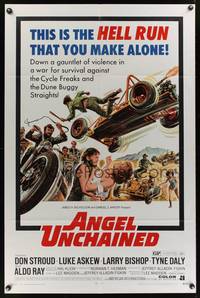 7y044 ANGEL UNCHAINED 1sh '70 AIP, bikers & hippies, this is the hell run that you make alone!