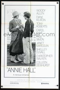7y046 ANNIE HALL 1sh '77 full-length Woody Allen & Diane Keaton, a nervous romance!