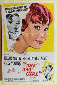 7y051 ASK ANY GIRL 1sh '59 David Niven finds why gentlemen prefer Shirley MacLaine!