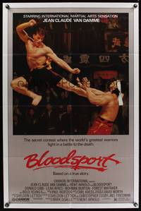7y099 BLOODSPORT 1sh '88 cool image of Jean Claude Van Damme kicking Bolo Yeung, martial arts!