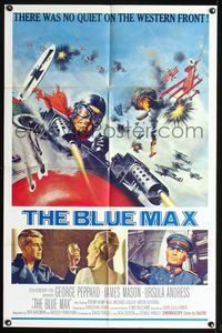 7y100 BLUE MAX 1sh '66 great artwork of WWI fighter pilot George Peppard in airplane!