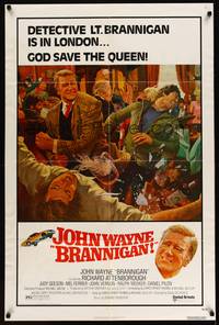 7y110 BRANNIGAN 1sh '75 Douglas Hickox, great art of fighting John Wayne in England!