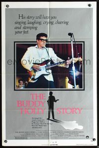 7y122 BUDDY HOLLY STORY 1sh '78 great image of Gary Busey performing on stage with guitar!