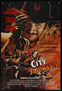 7y153 CITY SLICKERS advance 1sh '91 great artwork of cowboys Billy Crystal & Daniel Stern!