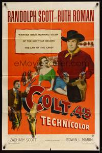 7y157 COLT .45 1sh '50 great image of Randolph Scott pointing two guns by sexy Ruth Roman!