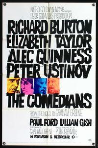 7y158 COMEDIANS style A 1sh '67 art of Richard Burton, Elizabeth Taylor, Alec Guinness & Ustinov!