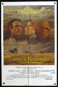 7y159 COMES A HORSEMAN 1sh '78 cool art of James Caan, Jane Fonda & Jason Robards in the sky!