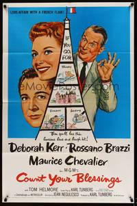 7y167 COUNT YOUR BLESSINGS 1sh '59 Deborah Kerr, Rossano Brazzi & Maurice Chevalier in Paris!
