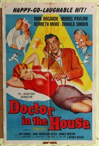 7y204 DOCTOR IN THE HOUSE 1sh '55 great art of Dr. Dirk Bogarde examining super sexy babe!