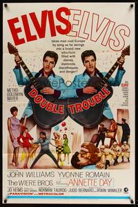7y215 DOUBLE TROUBLE 1sh '67 cool mirror image of rockin' Elvis Presley playing guitar!